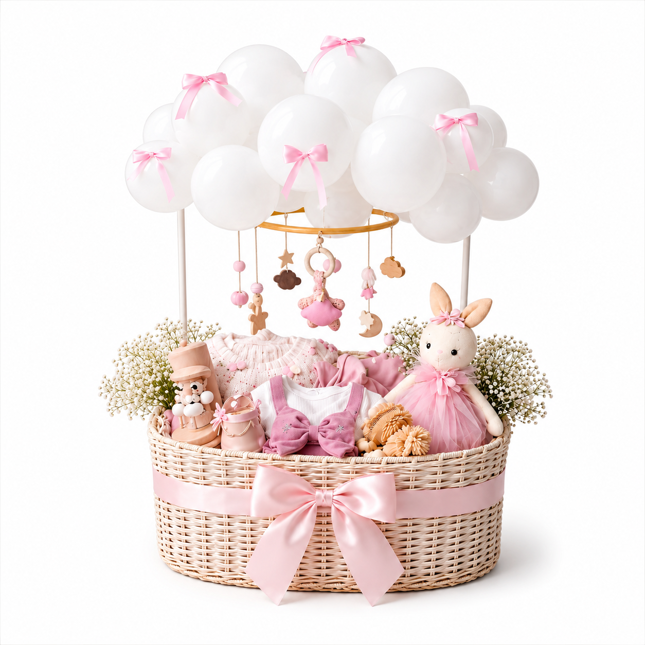 Baby gift basket filled with adorable newborn essentials and soft toys.