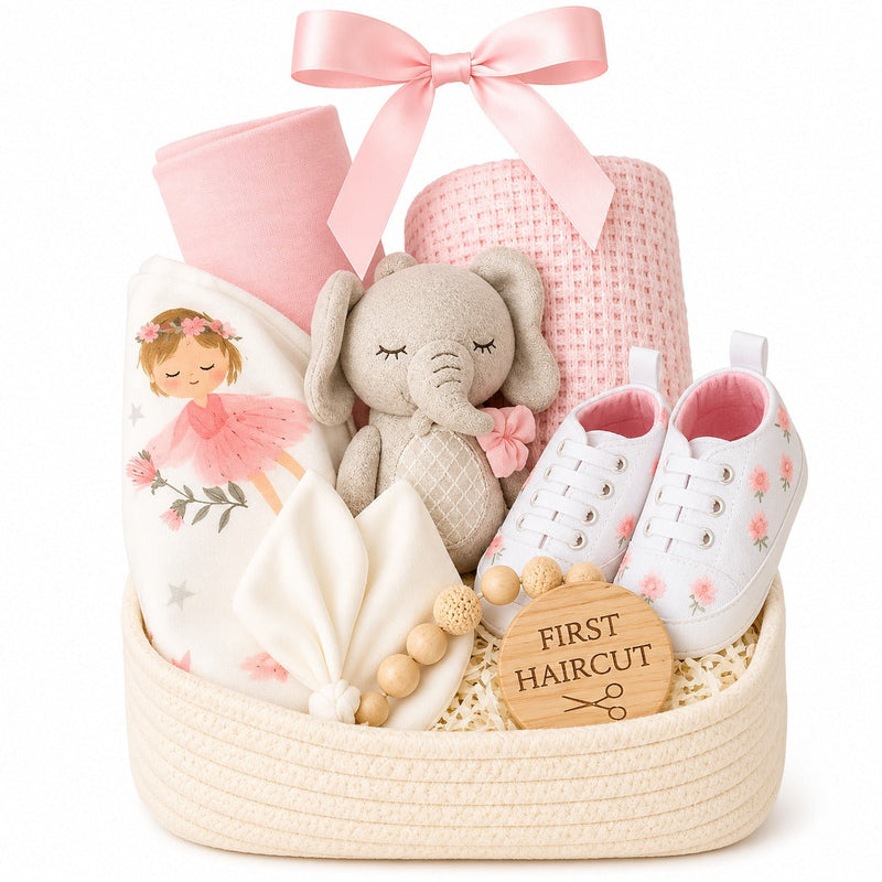 Baby gift basket filled with adorable newborn essentials and soft toys.