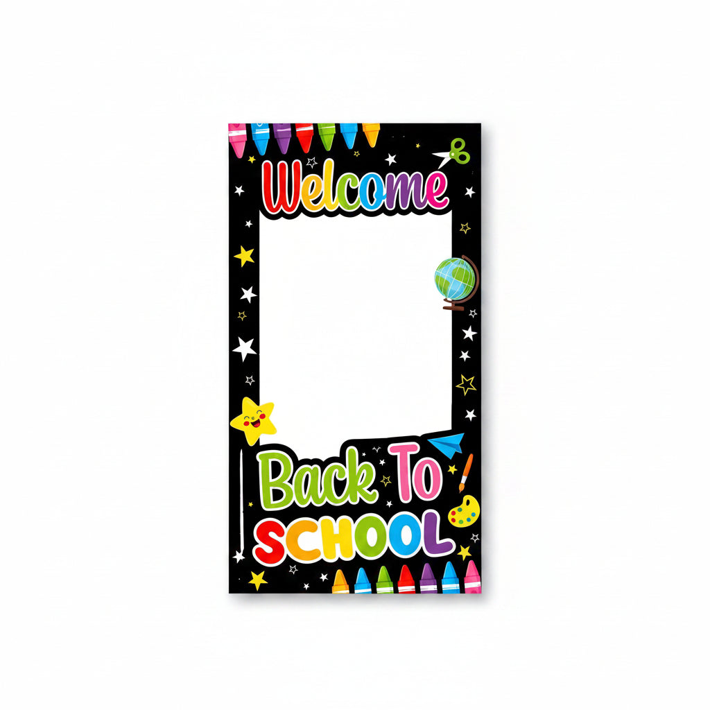 Welcome Back to School Photo Booth Frame with colorful school-themed decorations