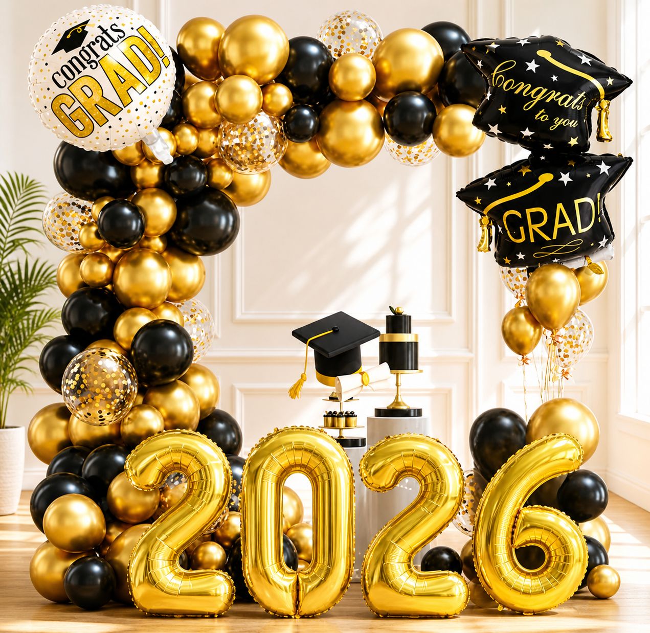 Luxury Graduation Balloon Arch Set – Black & Gold Theme