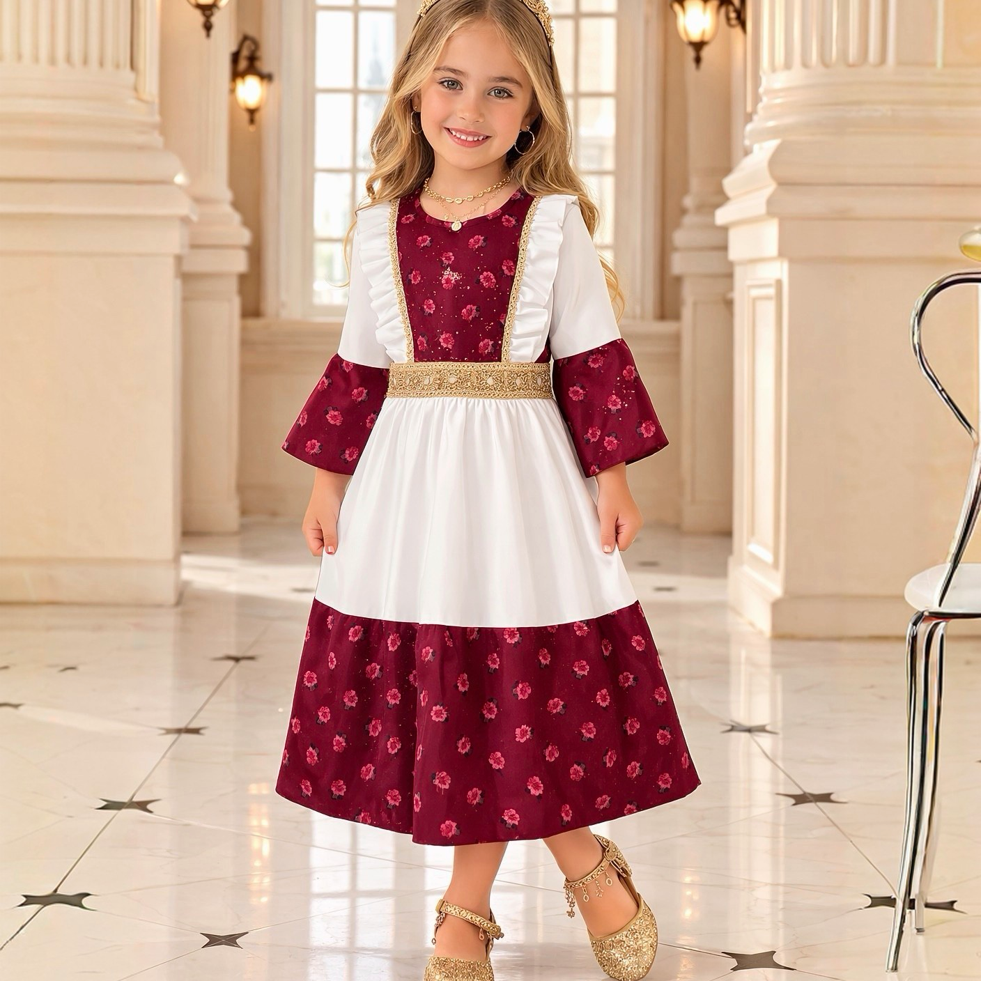 Burgundy Floral Kids Dress(6 year)