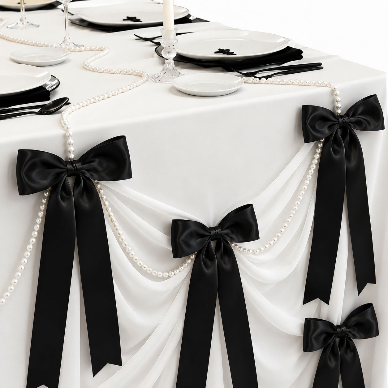 Black Satin Bow & Pearl Table Decor Set - Party Decoration | Asena Boutique Qatar