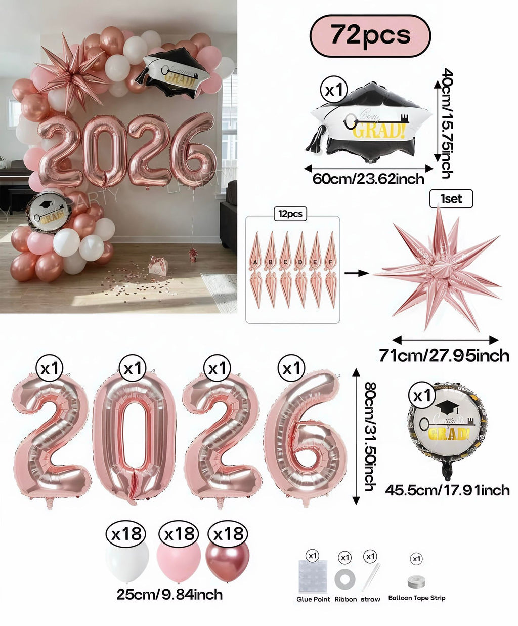 Rose Gold Graduation Balloon Arch Kit 2026 – Congrats Grad Party Decoration Set
