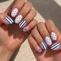 Navy Blue Stripe & Dot Nails - Press-On Nails | Asena Boutique Qatar