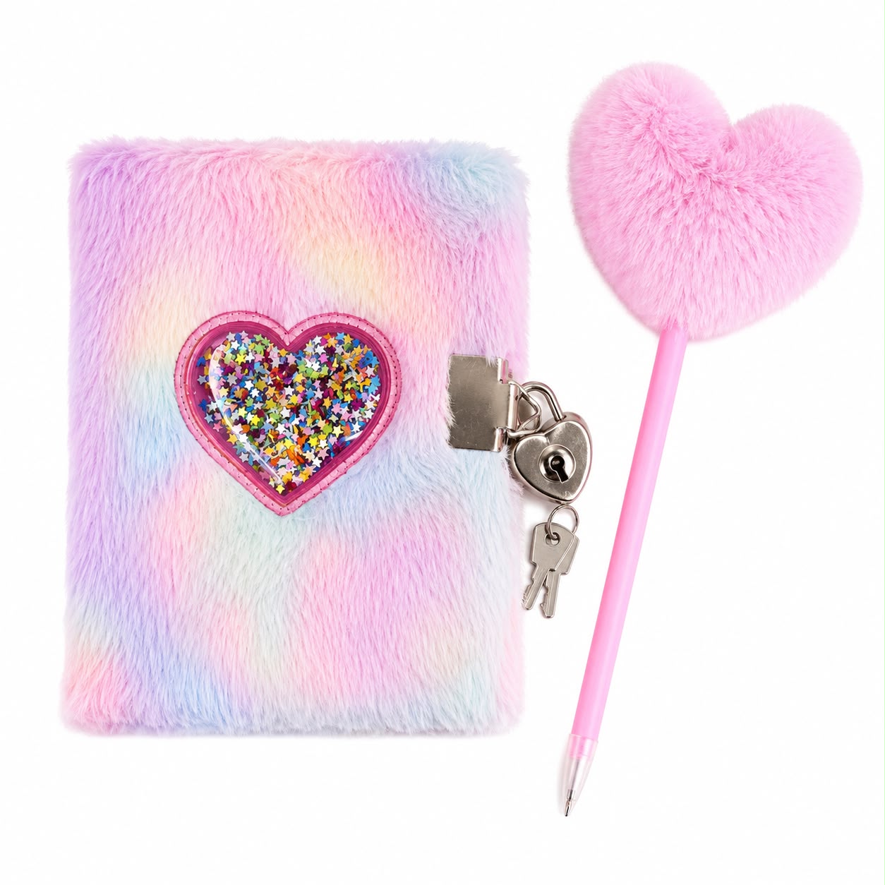 Rainbow Fluffy Lock Diary Set - School Stationery | Asena Boutique Qatar