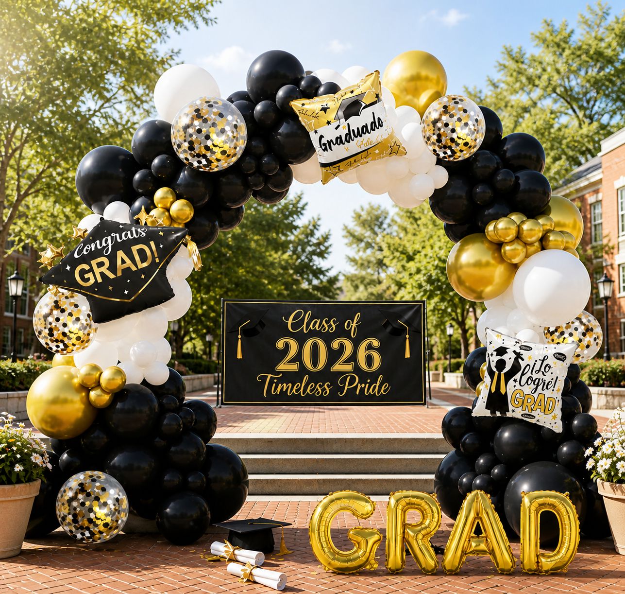 Graduation Balloon Arch Kit Black Gold White