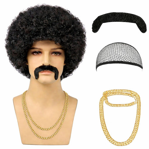 Afro Wig Costume Set with Mustache and Chain