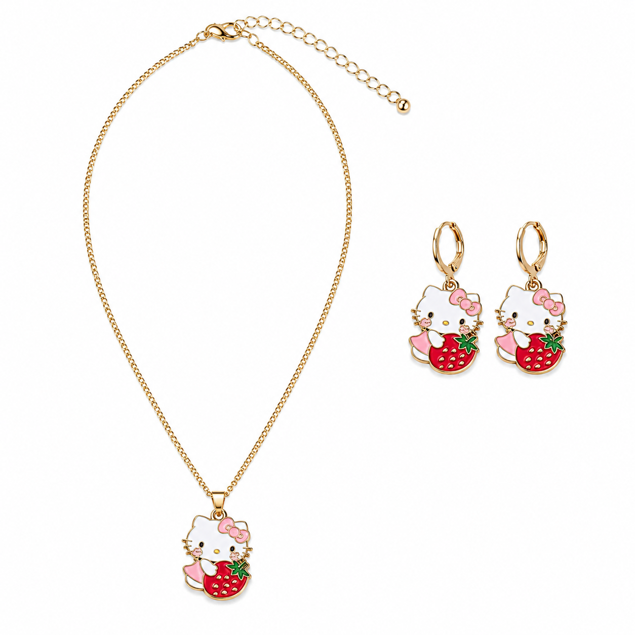 Cute Cat & Strawberry Necklace and Earrings Set - Women's Jewelry Set | Asena Boutique Qatar