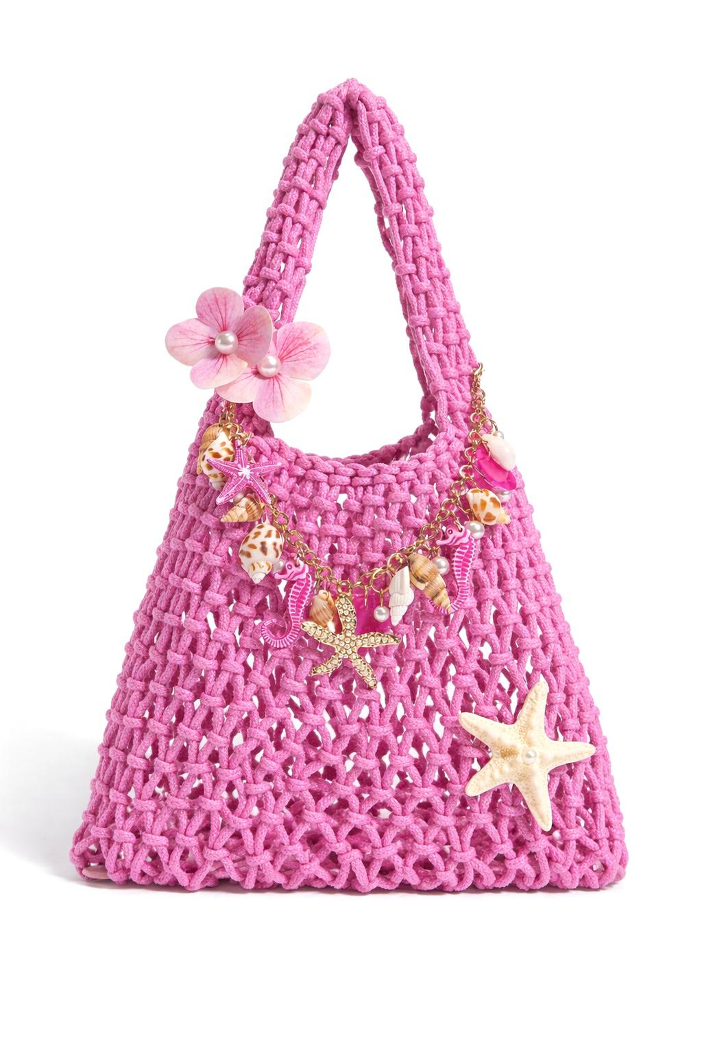 Crochet Beach Tote Bag with Charms – Pink